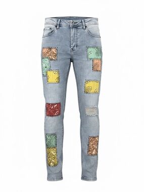 Light Wash Skinny Jeans with Multicolor Bandana Patchwork